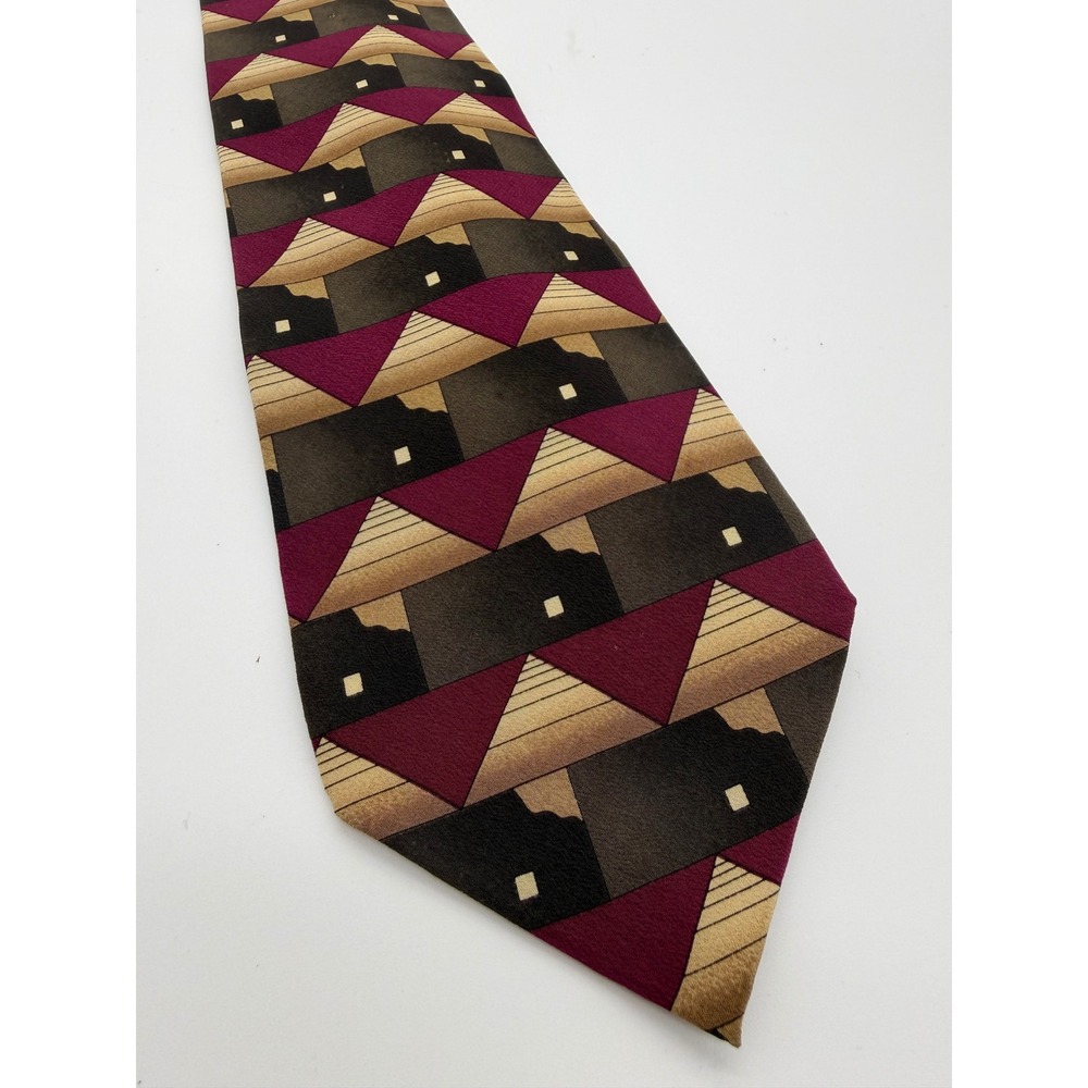 Dancing Bear Grateful Dead Geometric Pyramid House Silk Tie Burgundy Tan Mens
